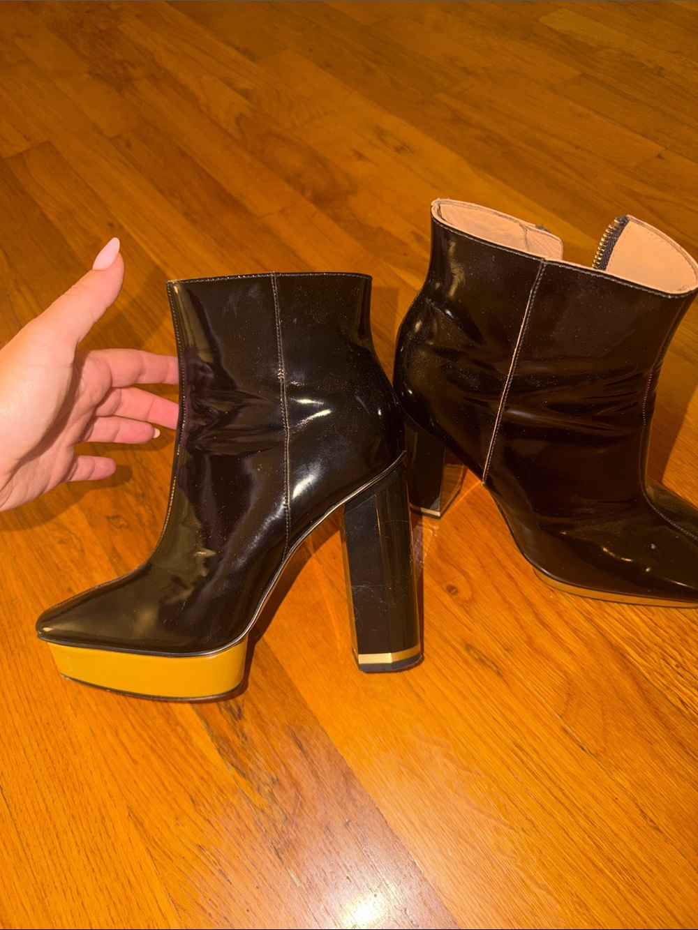 Calvin Klein Black Patent Platform Ankle Boots with Yellow Trim